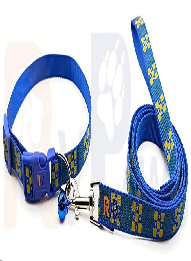 Pups&Pets 15 MM Puppy Collar and Leash Set - Puppy Printed Adjustable Nylon Collar with Leash for Cat and Puppy, Quick Release and Breathable Collar with Bell for Puppies, Dog & Cat (Blue) - Image 1